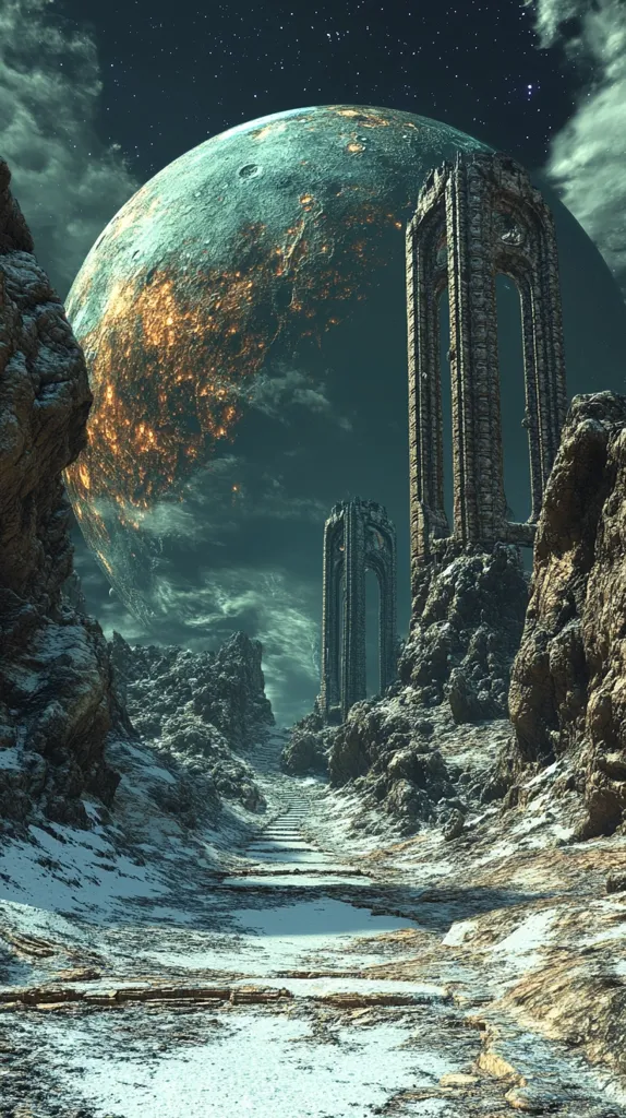 A digital painting depicts a snowy, rocky path leading towards two ancient, gothic-style stone towers.  The path winds through a desolate, alien landscape dominated by dark, craggy mountains.  A massive, luminous teal planet, displaying fiery orange streaks on its surface, hangs large in the night sky, filling much of the background.  The scene evokes a sense of mystery and otherworldly solitude.