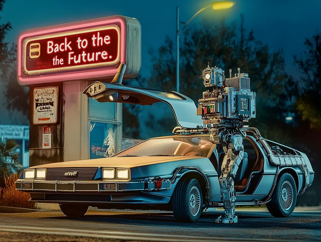 Here's a description of the image:

A futuristic scene unfolds at twilight, showcasing a DeLorean time machine with its gull-wing doors open.  A retro-styled robot stands beside it, seemingly guarding or operating the vehicle.  A neon sign above reads "Back to the the Future," establishing a clear reference to the iconic film. The setting appears to be a roadside diner, adding to the nostalgic atmosphere.  The overall mood is one of science fiction adventure and playful homage to classic cinema.