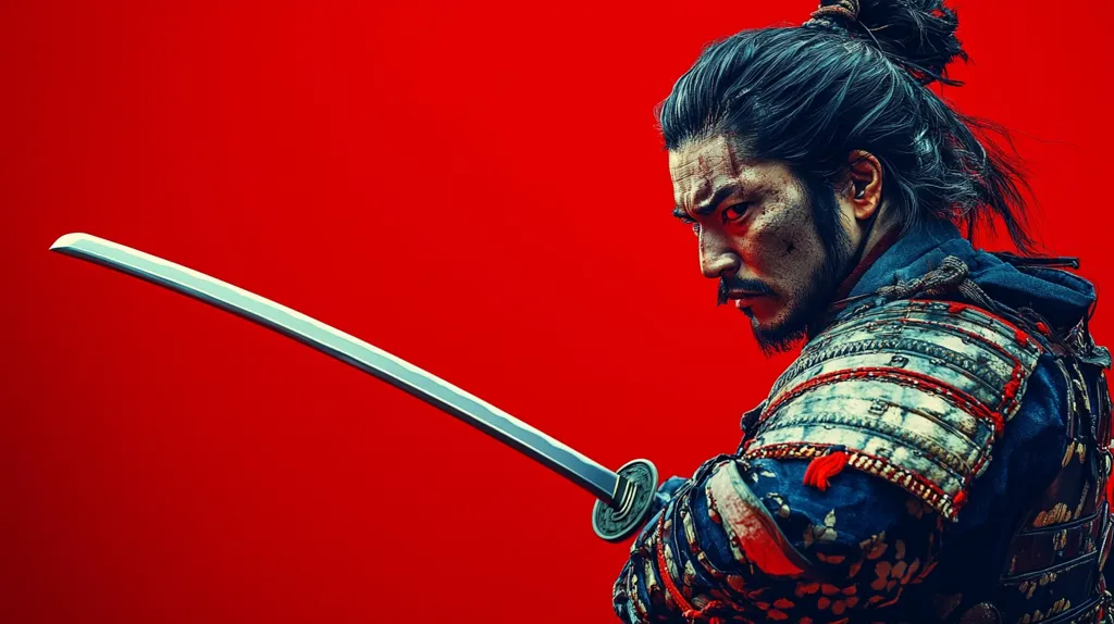 Here's a description of the image:

Against a vibrant red backdrop, a samurai warrior is depicted in profile view. His gaze is intense, directed slightly away from the viewer. His dark hair is styled in a topknot, and his face is weathered, hinting at battles fought.  He's clad in intricately detailed samurai armor, showcasing a mix of dark blues and reds. The warrior holds a katana, its sharp blade extending across the frame, adding to the image's dramatic intensity.  The overall aesthetic is one of power, stoicism, and a sense of impending action.