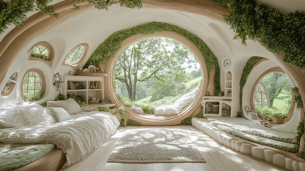 This image showcases a whimsical, hobbit-hole-like bedroom.  The room is organically shaped with curved walls, numerous oval windows offering views of a verdant landscape, and a large circular window dominating one side.  The walls are adorned with lush greenery, creating a seamless indoor-outdoor feel.  A comfortable bed and built-in seating areas are nestled within the space, emphasizing a sense of tranquility and connection with nature.  The overall aesthetic is peaceful and enchanting.