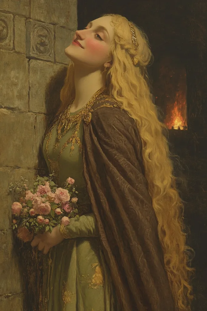 The painting depicts a fair-haired woman in medieval garb, standing against a stone wall.  Her long, flowing blonde hair cascades down her back, contrasting with her olive-green gown adorned with gold embroidery.  A dark brown cloak drapes over her shoulders. She holds a bouquet of pink roses, her gaze directed upward and slightly to the side, a serene expression on her face.  A fire glows dimly in the background, adding a warm contrast to the otherwise muted tones of the piece. The overall mood is one of quiet contemplation and beauty.