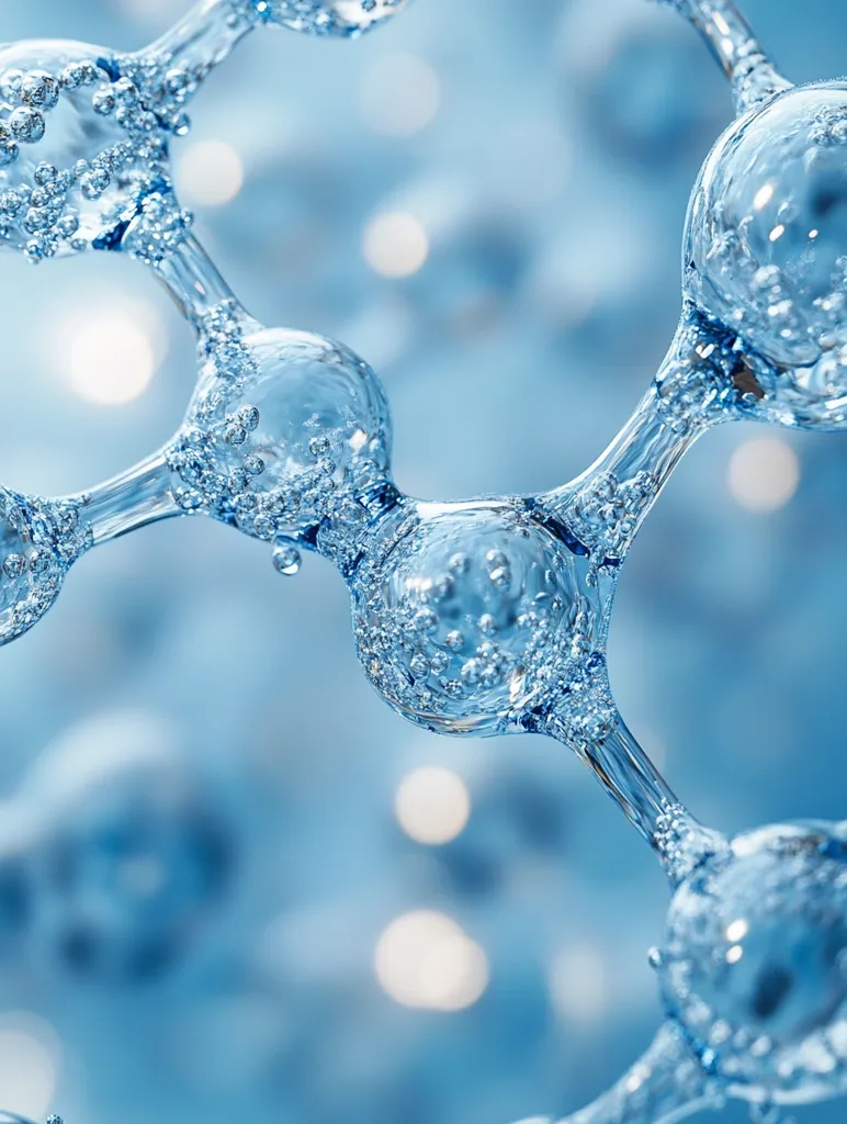 Here is a description of the image:

The image is a close-up, abstract representation of a molecular structure.  Spheres of water, filled with tiny air bubbles, are interconnected by clear, cylindrical tubes, creating a three-dimensional lattice.  The overall color palette is cool, dominated by various shades of blue, suggestive of water or ice.  The background is softly blurred, featuring an out-of-focus bokeh effect with pale blue and white lights, adding depth and enhancing the clarity of the central molecular structure. The image evokes a sense of science, purity, and the beauty of microscopic detail.