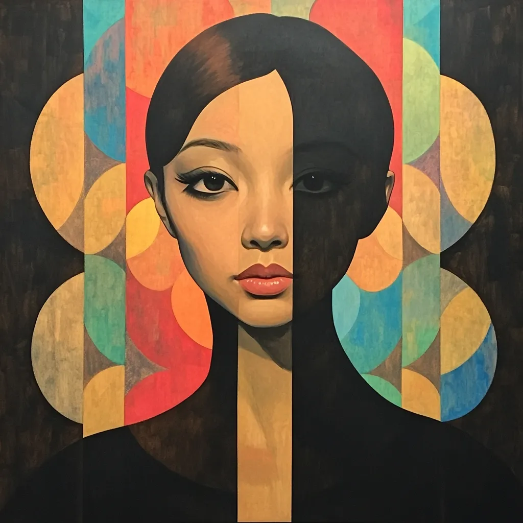 Here's a description of the image:

The artwork is a stylized portrait of a woman's face, bisected vertically, with the right half rendered in shadow and the left half brightly lit.  Her expression is serene yet mysterious.  The background features a vibrant geometric pattern of overlapping circles and vertical stripes in warm and cool tones, creating a sense of depth and movement. The style suggests a blend of realism and abstraction, with a focus on bold color and form. The overall effect is striking and evocative, suggesting themes of duality, identity, or hidden emotion.