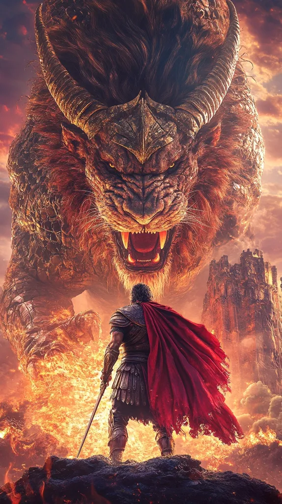 Here's a description of the image:

The artwork depicts a dramatic confrontation between a colossal, fiery lion-like creature and a lone Roman soldier. The beast, with massive horns and a mane of burning orange fur, dominates the foreground, its mouth agape in a ferocious roar. The soldier, clad in Roman armor and a flowing red cape, stands defiantly with a sword drawn, his back to the viewer.  A burning landscape and the ruins of a castle form a fiery backdrop, creating an atmosphere of epic battle and impending doom. The color palette is intensely warm, dominated by fiery oranges and reds, enhancing the dramatic tension.