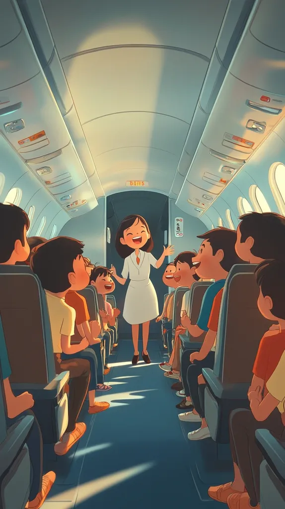 Sunlight streams through the cabin of an airplane, illuminating passengers seated on either side of the aisle.  A woman in a white dress stands in the center, appearing to engage the children with a story or announcement.  The children, a mix of boys and girls, are captivated, their attention fully on the woman.  The scene is warm, peaceful, and evokes a feeling of gentle travel and childlike wonder.  The style is reminiscent of modern digital illustration with soft, muted colors.