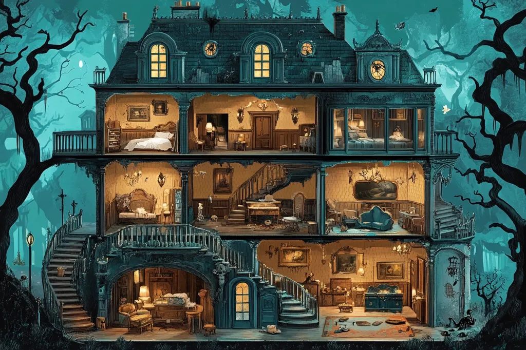 Here is a description of the image:

The illustration depicts a cutaway view of a large, three-story Victorian house, seemingly a dollhouse, situated within a dark, ominous forest.  The house is teal and dark brown, with visible interior details including furnished rooms, winding staircases, and antique décor.  The style is gothic and slightly eerie, with a sense of decay and mystery. The surrounding forest is shadowy, with gnarled trees and a moonlit sky, adding to the haunting atmosphere.  The overall composition is detailed and evocative, suggesting a story of secrets and hidden histories within the house's walls.