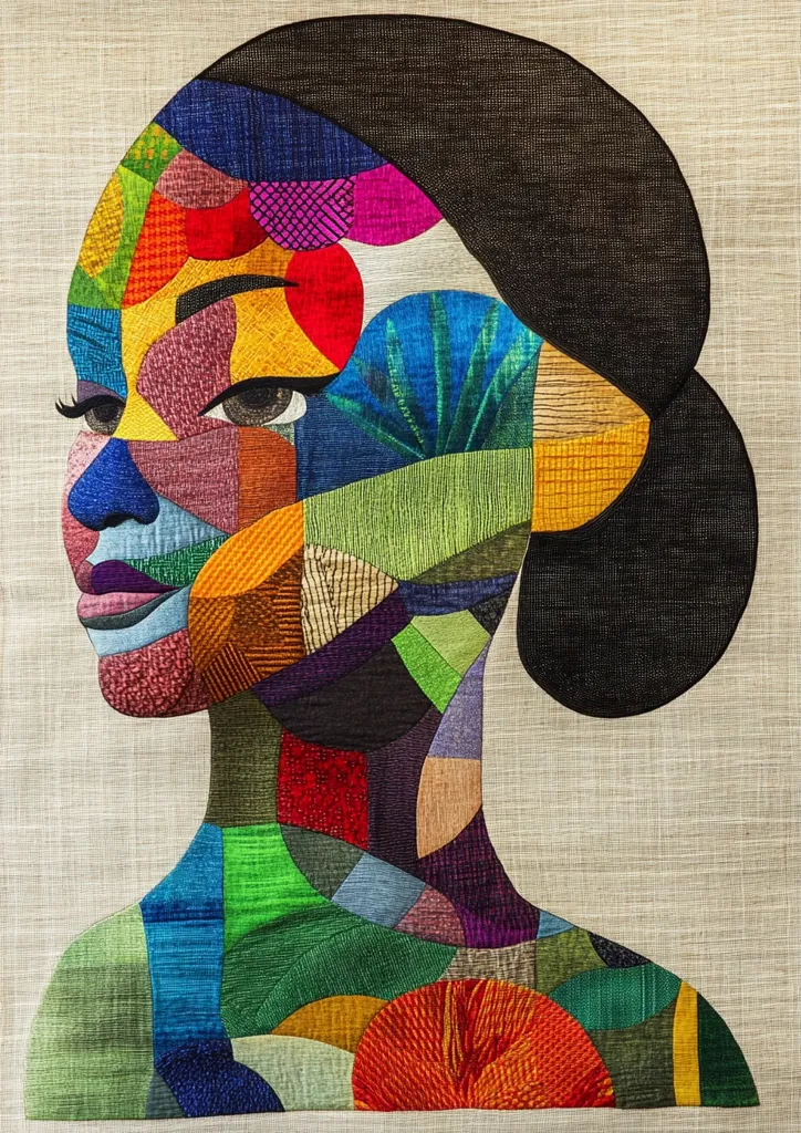 The image is a vibrant textile artwork depicting the profile of a woman. Her face and neck are a mosaic of multicolored fabric patches, stitched together to create a textured, cubist effect.  The colors are bold and varied, ranging from deep blues and greens to bright reds, yellows, and oranges. Her dark hair is pulled back in a bun, contrasting with the explosive colors of her face and shoulders.  The style is modern and bold, with a clear focus on texture and pattern.  The artwork is set against a neutral, textured background that enhances the richness of the colors.