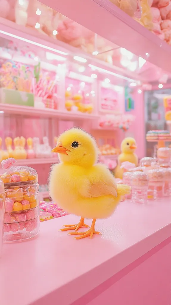A fluffy yellow chick stands on a pink counter in a candy shop.  The shop is filled with pastel-colored sweets, creating a whimsical, overwhelmingly pink setting.  Jars of colorful candies and other treats are visible on the shelves and counter.  A slightly blurred second chick is seen in the background. The overall scene is bright, cheerful, and highly saturated in shades of pink and yellow.