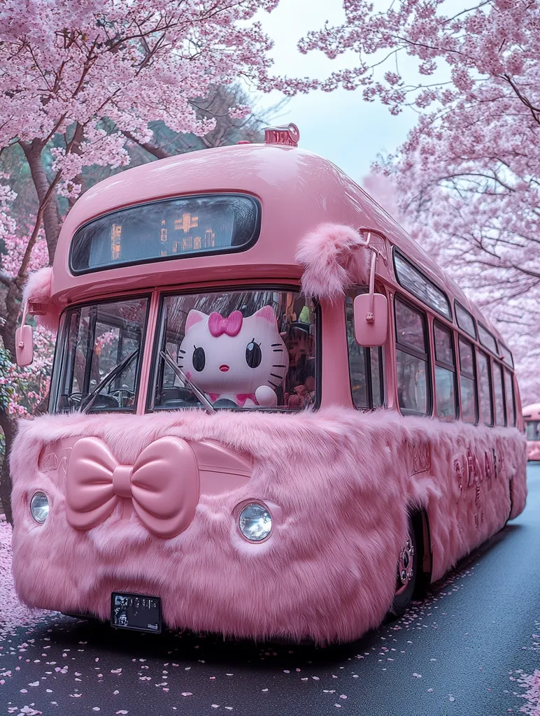 A whimsical, pink bus, entirely covered in fluffy pink fur, is parked under blossoming cherry trees.  A large Hello Kitty plush toy sits in the driver's seat.  The bus features a large pink bow on its front and is adorned with additional fluffy pink accents. Pink cherry blossoms blanket the ground around the vehicle, creating a dreamy, pastel scene.  The overall aesthetic is cute, whimsical, and distinctly feminine.