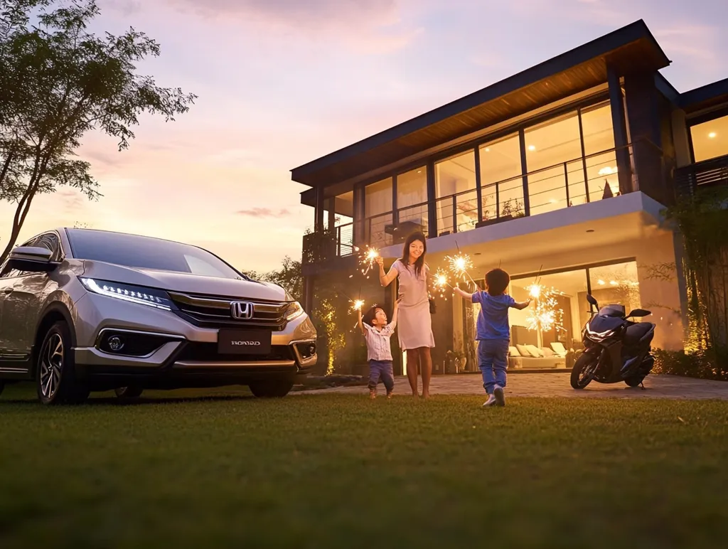 Here's a description of the image:

A family enjoys a twilight moment outside their modern home.  A silver Honda SUV is parked in the foreground. The mother and her two children playfully hold sparklers, creating a warm and joyful atmosphere.  A black Honda scooter is parked nearby, suggesting a family-oriented lifestyle. The large, well-lit house provides a backdrop of comfortable family living. The overall scene evokes feelings of happiness, success, and domestic contentment.