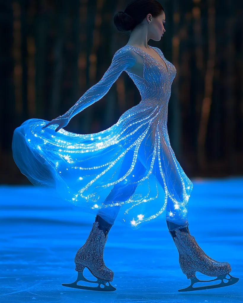 A figure skater, elegantly poised on the ice, wears a breathtaking, luminous gown.  The sheer, flowing dress is adorned with countless tiny lights, creating a mesmerizing, ethereal blue glow that trails behind her as she glides.  Her skates, equally embellished, sparkle under the dim lighting, enhancing the magical atmosphere. The background is blurred, focusing attention on the skater and her radiant attire. The overall impression is one of grace, beauty, and otherworldly enchantment.
