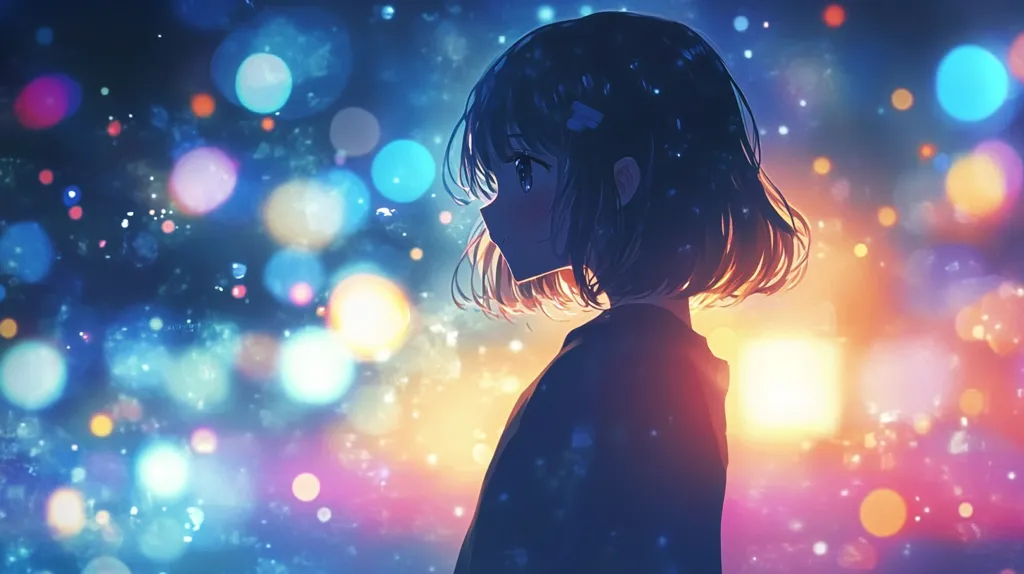 The image is an anime-style illustration of a young girl with short, dark hair.  She's positioned in profile, gazing towards a blurry, brightly lit background of bokeh lights in various shades of blue, purple, and orange.  The overall mood is melancholic yet beautiful, with the girl seemingly lost in thought amidst the vibrant, out-of-focus cityscape. The contrast between the sharp lines of the girl's figure and the soft, dreamy background creates a visually striking effect.