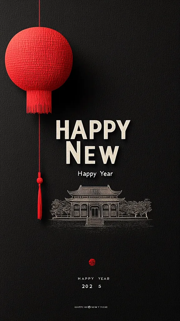 Here's a description of the image:

The image is a minimalist New Year's greeting card design.  A large, textured, red Chinese lantern hangs from the top, its tassel reaching towards a stylized line drawing of a traditional Chinese temple situated in a minimalist landscape at the bottom center.  The words "HAPPY NEW" are prominently displayed above the temple, with "Happy Year" written smaller beneath.  At the very bottom, "HAPPY YEAR 2025" is subtly presented. The entire design is set against a sophisticated black background, creating a striking contrast. The overall aesthetic is clean, elegant, and culturally relevant.