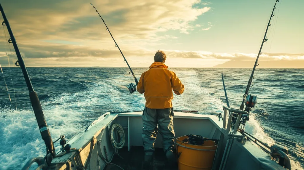 Here's a description of the image:

The photograph captures a lone fisherman on a boat, facing away from the camera. He's clad in a yellow jacket and gray pants, engrossed in deep-sea fishing. Two fishing rods extend from the boat, towards the vast ocean. The sea is a deep teal, slightly choppy, with whitecaps trailing behind the vessel. The sky is a mix of clouds and a bright, setting sun, casting a warm golden hue on the scene. The overall mood is serene yet adventurous, suggesting a moment of solitude and anticipation during a fishing expedition.