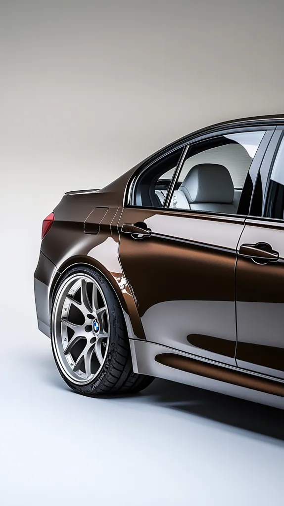 Here's a description of the image:

The image shows the rear passenger side of a dark bronze BMW M3 sedan, sharply angled to highlight its sleek design and polished finish.  The car is positioned against a neutral light grey backdrop, emphasizing the vehicle's rich color and metallic sheen. The focus is on the rear quarter panel, showcasing the sculpted body lines, alloy wheels, and subtle details like the door handles and window trim. The overall impression is one of luxury and high-performance.
