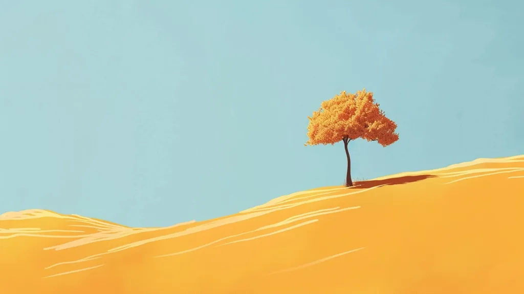 Here's a description of the image:

The image is a minimalist digital artwork depicting a single, small tree with golden leaves perched atop a gently sloping, orange sand dune against a pale blue sky. The style is clean and stylized, with smooth surfaces and a limited color palette.  The tree stands in stark contrast to the expansive, empty landscape, creating a sense of solitude and quiet contemplation. The overall mood is serene and peaceful.