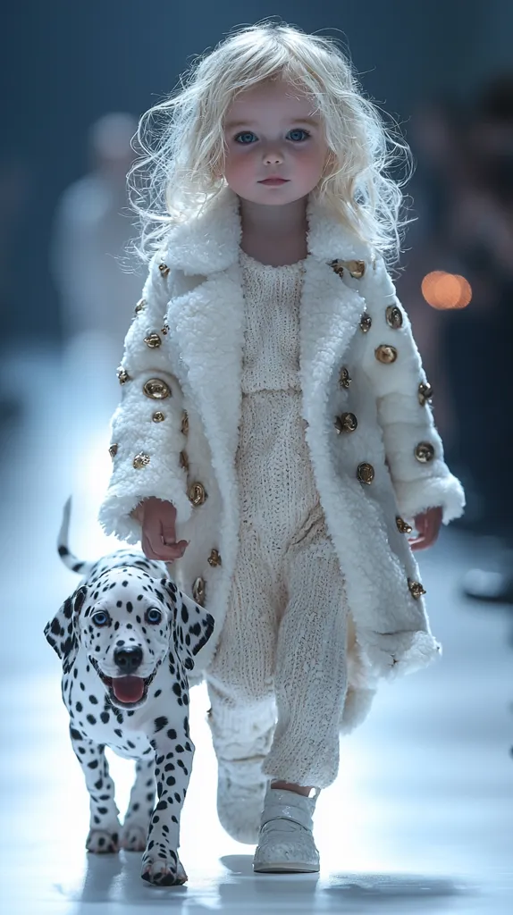 A young girl with long, blonde hair confidently walks down a runway.  She's dressed in a chic, white, fluffy coat adorned with gold accents, paired with a matching knitted outfit and white shoes.  A Dalmatian puppy walks calmly by her side, mirroring her poise. The background is blurred, suggesting a fashion show setting. The overall image is one of elegance and youthful charm.