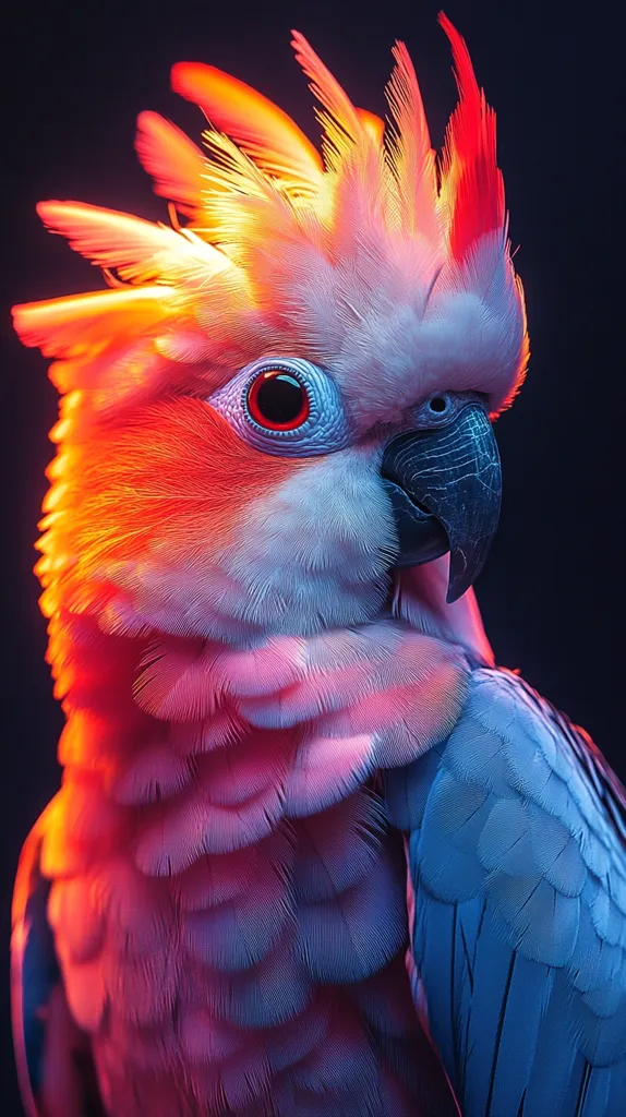 Here's a description of the image:

Close-up view of a cockatoo, illuminated by vibrant, artificial lighting. The lighting dramatically enhances the bird's plumage, creating a striking contrast between warm oranges and reds on its crest and cooler blues and pinks on its body. The cockatoo's eye is sharply focused, showcasing its red iris. The texture of its feathers is highly detailed, appearing soft yet firm. The background is a deep, dark black that accentuates the bird's colorful appearance.  The overall effect is a stylized, almost surreal portrait of the bird.