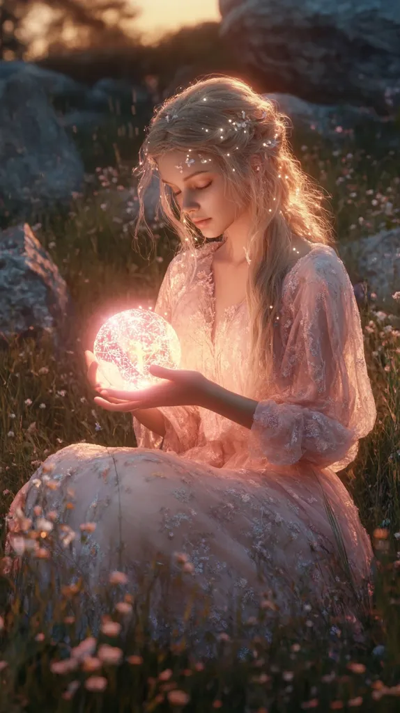 A young woman with long blonde hair adorned with tiny lights, sits in a field at sunset.  She wears a delicate, blush-pink lace gown and cradles a glowing orb, emanating a soft, warm light.  The scene is ethereal and dreamlike, with wildflowers surrounding her and large rocks in the background. The overall mood is serene and magical.
