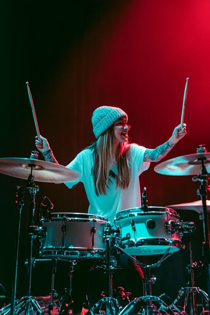 A young woman with long blonde hair, wearing a light blue beanie and white t-shirt, energetically plays a drum kit.  The stage is bathed in vibrant red and cyan lighting, creating a dramatic atmosphere.  She holds drumsticks aloft, focused on her performance. The image captures the raw energy and passion of a live music setting.  Her joyful expression adds to the dynamic scene.
