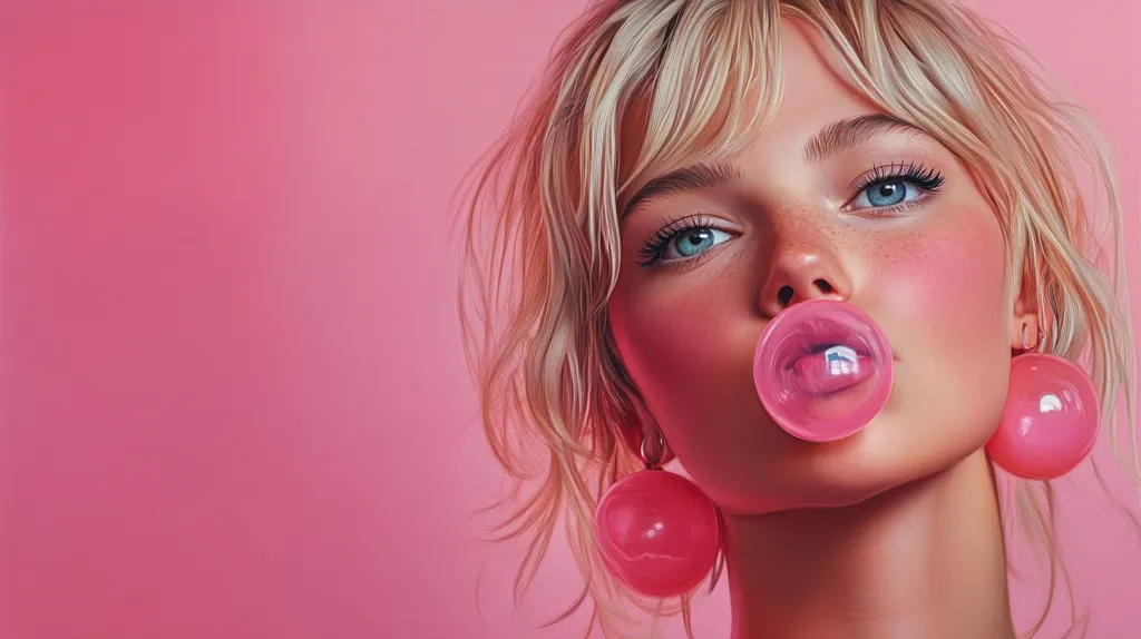 A close-up portrait of a young woman with blonde, wavy hair against a pink background.  She's blowing a large pink bubble of gum, her blue eyes accentuated by pink blush.  She wears large, round pink earrings that complement the overall pink theme. The image is highly stylized, with a smooth, almost hyperrealistic rendering.