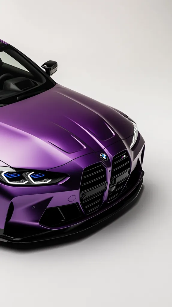Here's a description of the image:

Close-up view of the front end of a deep purple BMW M3, showcasing its sleek design. The car's glossy paint reflects light, highlighting its curves and sharp lines. The black kidney grille and dark headlights contrast with the vibrant purple body. The image is set against a minimalist, light gray background, emphasizing the car's features and color. The angle is slightly from above, providing a view of the hood and front bumper.  The overall impression is one of luxury and high performance.