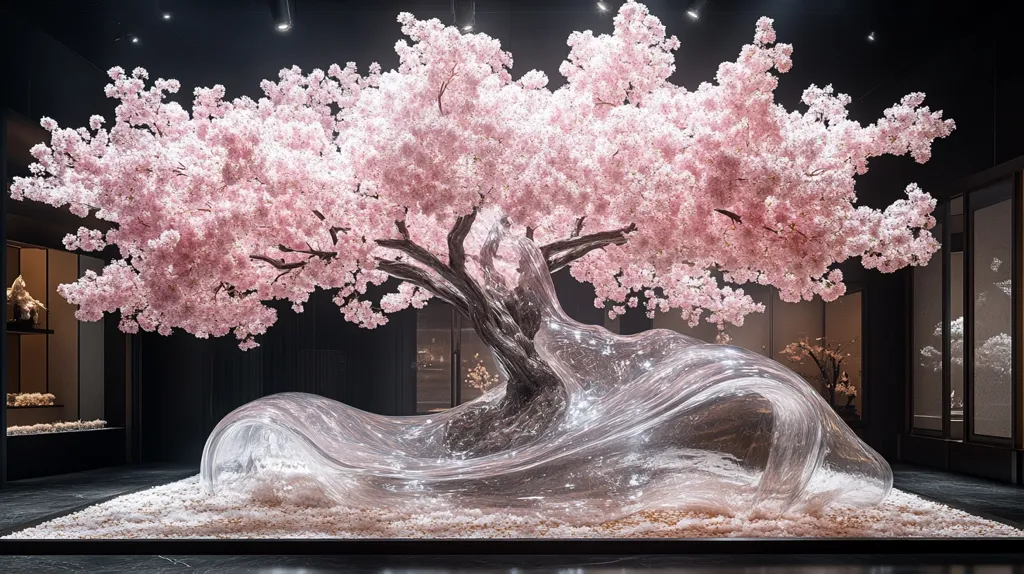 A breathtaking installation features a large, blossoming pink cherry tree artfully placed over a translucent, sculpted wave of what appears to be glass or resin.  The wave forms a base for the tree, its surface subtly lit from within.  Petals appear to gently scatter around the base, creating a serene and ethereal atmosphere within a modern, dark interior space.  The overall effect is one of delicate beauty and tranquil elegance.