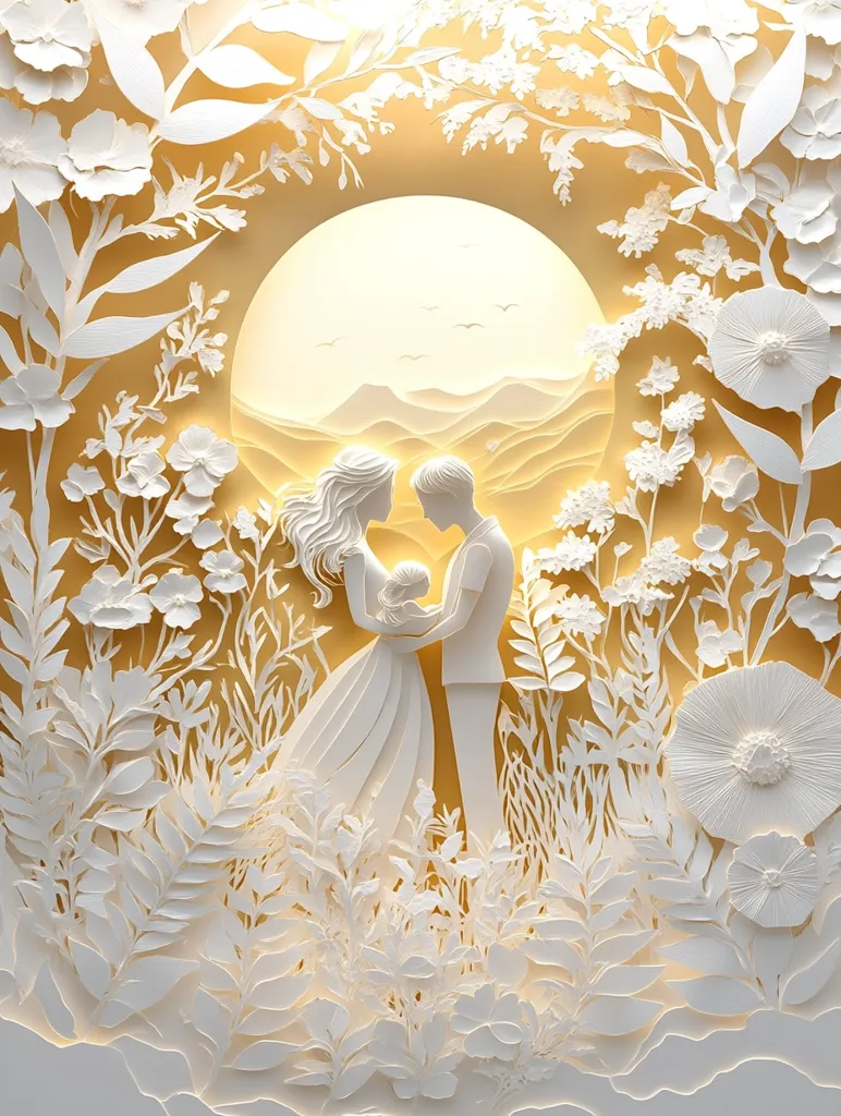Here's a description of the image:

The image is a stunning piece of paper art, possibly a paper cut or sculpted relief. It depicts a family – a mother, father, and baby – standing in a field of intricately detailed, white paper flowers and foliage. The figures are stylized and simple, yet their gentle pose conveys love and tenderness.  Behind them is a stylized landscape featuring mountains and a luminous yellow-orange moon, suggesting a peaceful, idyllic setting.  The overall color palette is warm and soft, with the white paper art standing out against a pale yellow-gold background.  The piece has a delicate, romantic, and slightly ethereal quality.