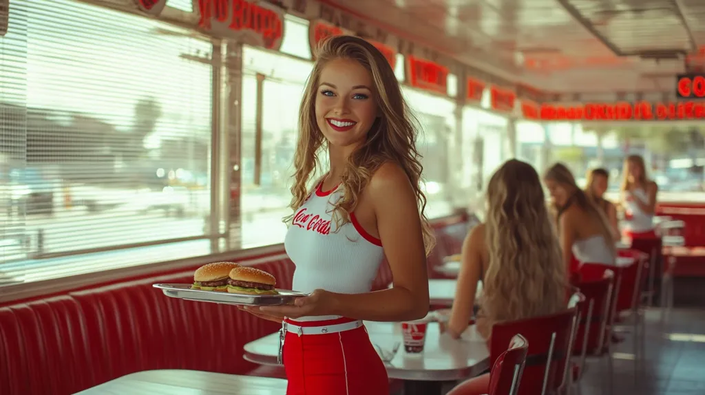 A smiling waitress, wearing a Coca-Cola branded white tank top and red skirt, holds a tray with two burgers in a retro-style diner.  The diner is brightly lit with large windows and red booths. Other women with long hair are seated at the counter in the background, blurred slightly. The overall atmosphere is bright, cheerful, and evokes a classic American diner aesthetic.