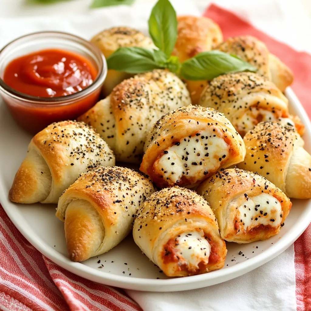 A plate of crescent rolls filled with pizza sauce and mozzarella cheese is shown.  They're sprinkled with black pepper and served alongside a small bowl of ketchup. Fresh basil leaves garnish the golden-brown pastries.  The rolls are arranged artfully on a white plate, which rests on a red and white striped napkin. The image is close-up and focuses on the appetizing appearance of the food.