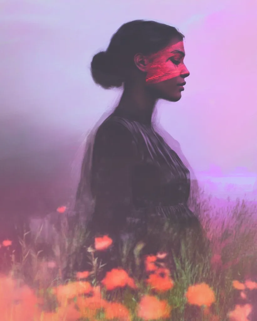 Here's a description of the image:

The image is a stylized portrait of a woman, seemingly in profile, with her gaze directed to the right of the frame. She has dark hair styled in a bun and is wearing a dark-colored dress. A vibrant, almost neon, pink hue is painted across part of her face, resembling a mask or abstract design. 


The woman is partially obscured by a field of blurry, out-of-focus orange flowers, suggesting a dreamlike or ethereal quality. The background is a soft blend of purple and light pink, adding to the hazy atmosphere. The overall effect is one of mystery and subtle beauty, blending portraiture with surreal landscape elements.