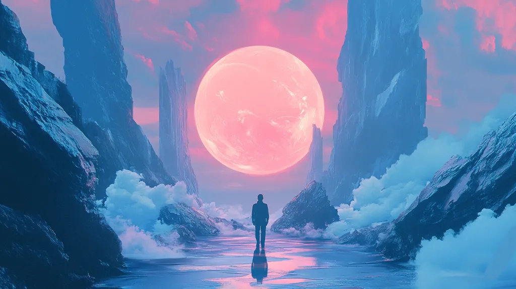 A solitary figure stands on a tranquil, reflective surface between towering, ethereal rock formations.  A colossal, pale pink moon dominates the sky, casting a surreal glow over the dreamlike landscape.  The scene is awash in pastel blues and pinks, creating a serene yet otherworldly atmosphere.  Wisps of cloud hug the rocks, adding to the mystical quality of the artwork. The overall impression is one of peaceful solitude in a fantastical environment.