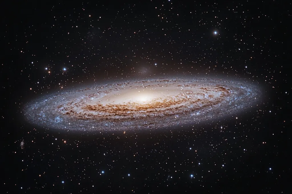 The image showcases a stunning spiral galaxy, viewed edge-on against a backdrop of countless stars. The galaxy's central bulge is brightly luminous, radiating a yellowish-white light, while its spiraling arms display a gradient of colors ranging from light blues and whites to darker browns and reds.  The intricate details of the galaxy's structure, its dust lanes and star clusters are visible, emphasizing its vastness. The surrounding space is densely populated with a multitude of distant stars, creating a mesmerizing cosmic scene.