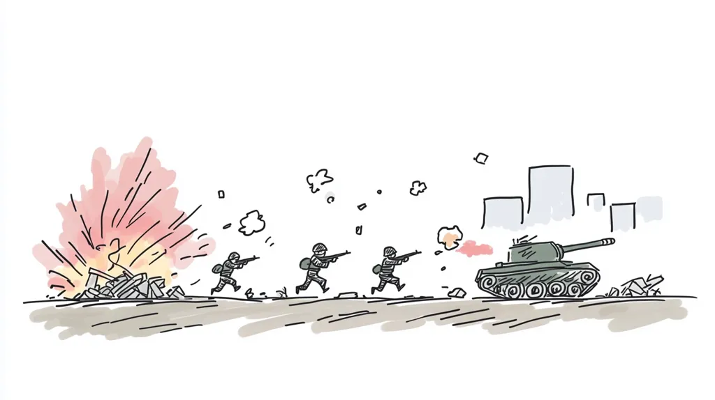 A simple sketch depicts a wartime scene.  Three soldiers advance, firing their weapons, towards a tank firing back.  An explosion is visible in the background, suggesting recent combat.  A cityscape is in the distance, indicating urban warfare. The style is loose and expressive, emphasizing action over detail. The overall impression is one of conflict and chaos.