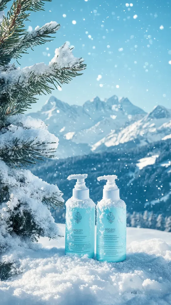 Two light blue bottles of Bio Renew shampoo sit nestled in a snowy landscape.  A snow-covered pine branch frames the left side of the image, while a backdrop of majestic, snow-capped mountains stretches across the background.  Falling snow adds to the wintery scene, creating a clean, crisp, and refreshing aesthetic that complements the product packaging. The overall impression is one of purity and natural beauty.