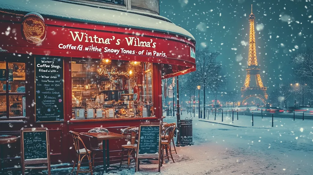 Here is a description of the image in under 100 words:

A charming, snow-dusted Parisian cafe, "Wintna's Wilma's," is the focal point.  Its red facade is adorned with festive lights and a chalkboard menu advertising winter drinks.  Outdoor seating, blanketed in snow, invites patrons to enjoy the ambiance.  The Eiffel Tower, glowing softly in the distance, adds a magical backdrop to this picturesque winter scene.  Snow falls gently, creating a cozy and romantic atmosphere.