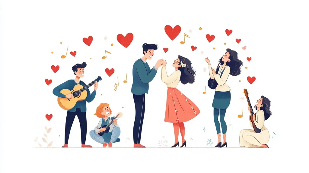 This illustration depicts five figures, two couples and a solo woman, amidst a shower of hearts and musical notes.  Two men play acoustic guitars, their female partners stand nearby. One couple is holding hands, gazing at each other lovingly.  Another woman plays a ukulele while sitting serenely. The overall tone is joyous and celebratory, suggesting a theme of love, music, and happiness.  The style is whimsical and colorful, using a soft palette and rounded lines.