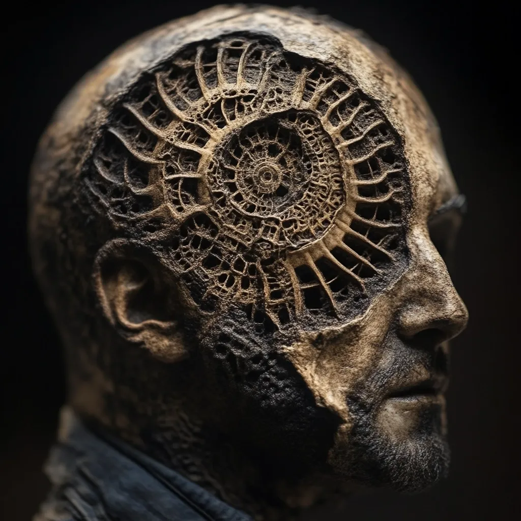 A close-up profile view reveals a striking, sculpted head.  The face is partially obscured by a complex, intricately carved design resembling a fossilized ammonite or a fractal pattern, integrated into the skull.  The texture is rough and earthy, with tones ranging from dark browns to light beige.  The overall effect is both unsettling and mesmerizing, suggesting a blend of organic and mechanical elements, possibly referencing themes of mortality or metamorphosis. The dark background enhances the piece's dramatic quality.