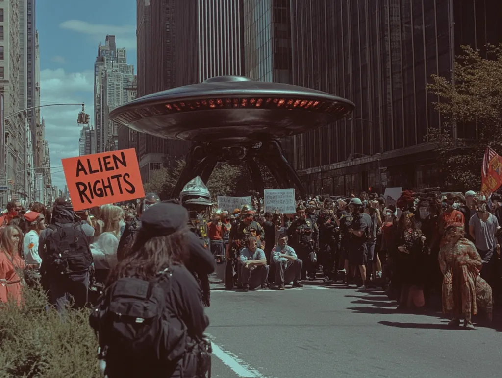 A large crowd gathers in a city street, protesting under a massive, dark, saucer-shaped object resembling a UFO.  A prominent sign reads "ALIEN RIGHTS" in bold, red letters.  The protesters are diverse, some in costume or uniform.  The setting is urban, with tall buildings forming a backdrop. The overall atmosphere is one of a vibrant, unconventional demonstration, blending sci-fi imagery with political activism.  The image is reminiscent of a retro-futuristic protest scene.