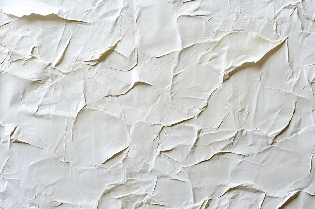The image shows a textured surface resembling heavily creased or crumpled off-white paper or fabric.  The folds and wrinkles create a varied topography of peaks and valleys, with light and shadow defining the depth of the texture. The overall effect is abstract and suggests a sense of movement or displacement. The color is a consistent, muted off-white, without any significant variations in tone.