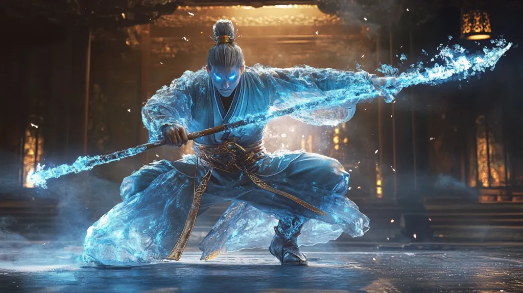 The image depicts a powerful warrior, seemingly male, in a low fighting stance.  He is clad in flowing, light blue robes that appear to be infused with or made of ice or water, emanating a cool, ethereal glow. He wields a long staff, also glowing with the same icy energy, held poised for attack. The background suggests an ancient, ornate setting, possibly a temple or palace, contributing to a mystical and intense atmosphere.  His expression is focused and fierce, enhancing the image's sense of action and power.