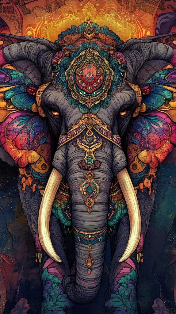 Here's a description of the image:

The image is a detailed, stylized artwork depicting the head and shoulders of an elephant adorned in intricate, colorful ornamentation.  The elephant's skin is rendered in shades of grey and purple, overlaid with vibrant patterns reminiscent of mandala designs and traditional Indian or South Asian art.  Gold accents highlight the elaborate jewelry and decorative elements.  The elephant's tusks are long and prominent, and its eyes are expressive. The background is a dark, moody wash with hints of orange and gold, creating a mystical and spiritual atmosphere. The overall effect is one of opulence and majestic beauty.