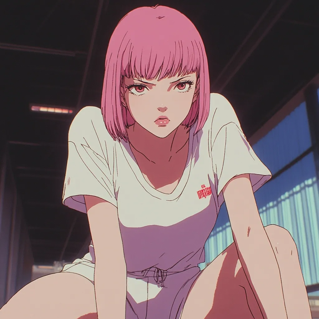 Here's a description of the image:

The image showcases an anime-style female character with short, vibrant pink hair.  She's depicted in a low, crouched position, her expression serious and intense. She wears a simple, loose-fitting white t-shirt and matching shorts, with a small, indiscernible logo printed on her shirt. The setting appears to be an indoor space, possibly a hallway or corridor, with blurred background elements suggesting a nighttime or dimly lit environment. The overall aesthetic is reminiscent of 90s anime with its color palette and style. The character's gaze is direct, engaging the viewer with a strong sense of presence.