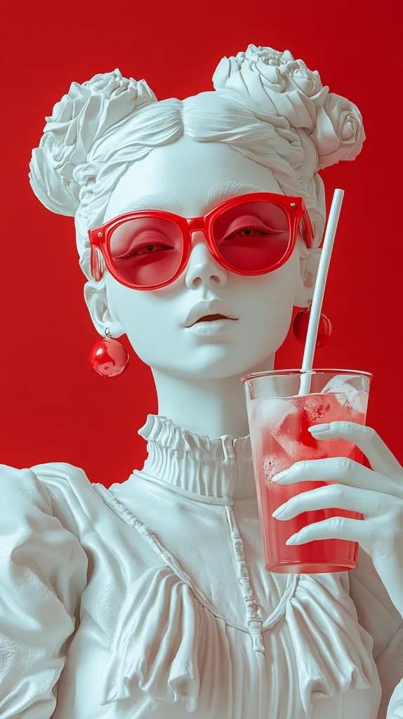 Here's a description of the image:

Against a vibrant red backdrop, a white, sculpted female figure is depicted.  Her hair is styled in elaborate, rose-shaped buns, and she wears oversized, bright red sunglasses and matching cherry-shaped earrings. The statue holds a plastic cup filled with a red, ice-filled beverage, a straw protruding from it. The figure's attire consists of a ruffled, white collared dress. The overall aesthetic is a striking juxtaposition of classical sculpture with modern, pop-art elements and a bright, bold color scheme.