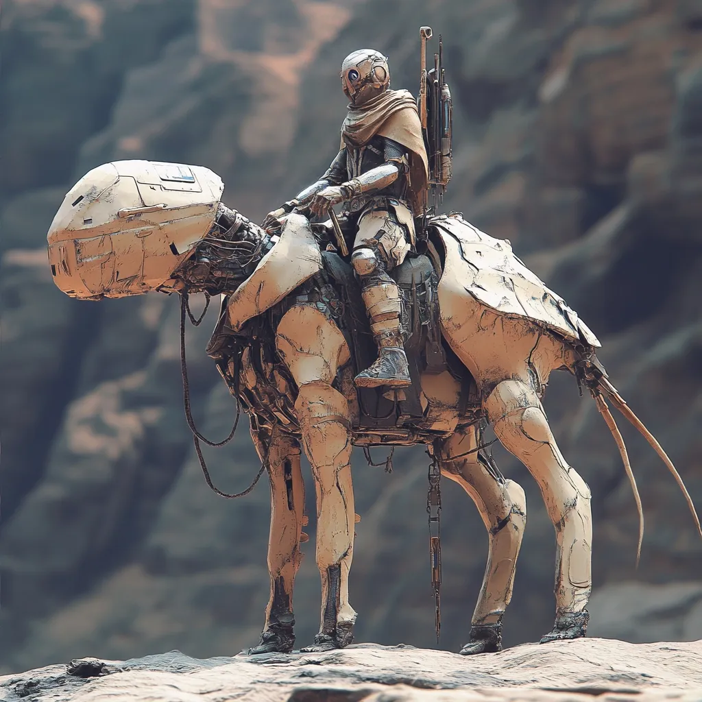 A futuristic scene depicts a lone figure in beige armored attire riding a mechanical quadruped. The creature, resembling a stylized camel or llama, is also beige and weathered, suggesting extensive use. The rider, helmet-clad and with a weapon mounted on the creature's back, sits astride, their boots firmly planted in the mechanical stirrups. The backdrop is a desolate, rocky landscape, highlighting the isolation of the scene.  The overall style suggests a science fiction or post-apocalyptic setting.