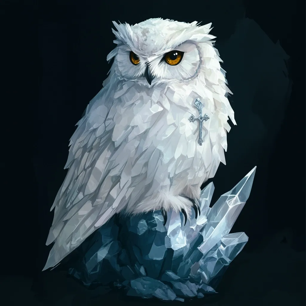 A digitally painted snowy owl, strikingly white with bright yellow eyes, is perched majestically on a cluster of teal-hued crystals.  A silver cross adorns its chest. The owl's feathers are depicted with a textured, almost crystalline quality, enhancing its ethereal appearance against the dark background. The overall style is fantasy-inspired, conveying a sense of mystery and otherworldly beauty.
