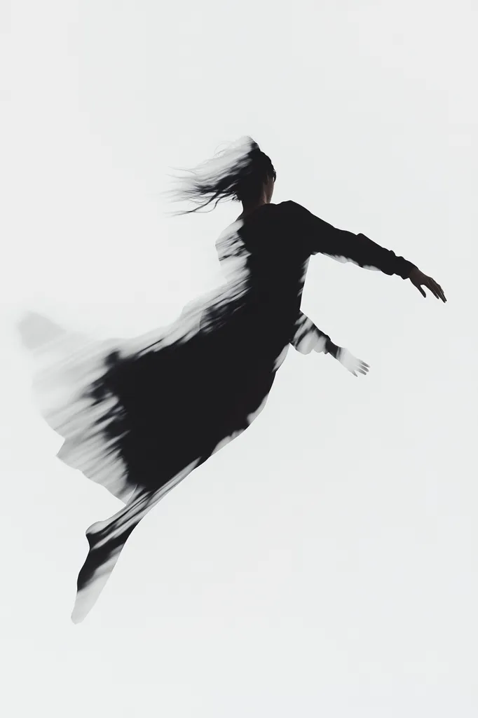 A monochromatic image depicts a woman in mid-leap, her body blurred by motion.  She is dressed in a dark, flowing garment that merges with the background, creating an ethereal effect. Her hair streams behind her as she appears to float against a stark white backdrop. The overall impression is one of grace, freedom, and fluidity.  The image is both dynamic and serene.