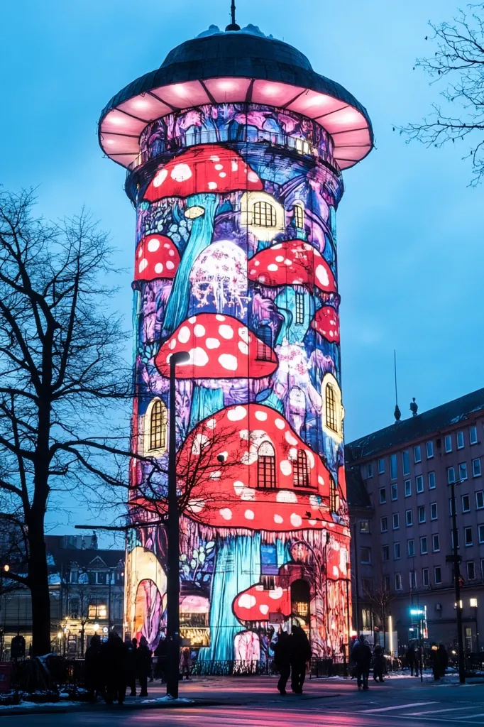 A tall water tower is dramatically illuminated with a whimsical projection of giant mushrooms and fairytale-like scenes. The vibrant colors and fantastical imagery contrast against the twilight sky and the muted tones of the surrounding buildings and bare winter trees. People stroll along the street in the foreground, observing the spectacle. The overall effect is one of magical transformation, turning an ordinary structure into a captivating artwork.
