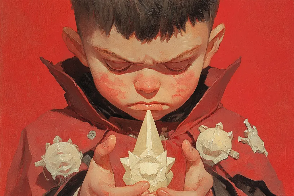 Here's a description of the image:

The painting depicts a young boy, possibly of pre-teen age, with a serious and intense expression. His face is flushed, and his eyes are cast downward, focused intently on an off-white, crystalline object held delicately in his hands.  The boy is wearing a vibrant red coat with unusual, light-colored, possibly skeletal or thorny, adornments on the shoulders. The background is a solid, deep red, which intensifies the focus on the boy and the object. The overall style is painterly, with visible brushstrokes creating texture and depth, suggesting a blend of realism and fantasy. The scene conveys a sense of mystery and perhaps a hint of foreboding.