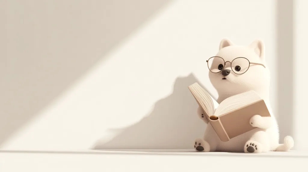 A charming, 3D-rendered illustration depicts a fluffy white dog, wearing round glasses, engrossed in reading a book.  The dog sits on a bright white surface, bathed in soft, natural sunlight casting a shadow on the wall.  The scene evokes a feeling of calm and quiet contemplation, with a minimalist aesthetic emphasizing the simple pleasures of reading.  The overall tone is gentle and serene.
